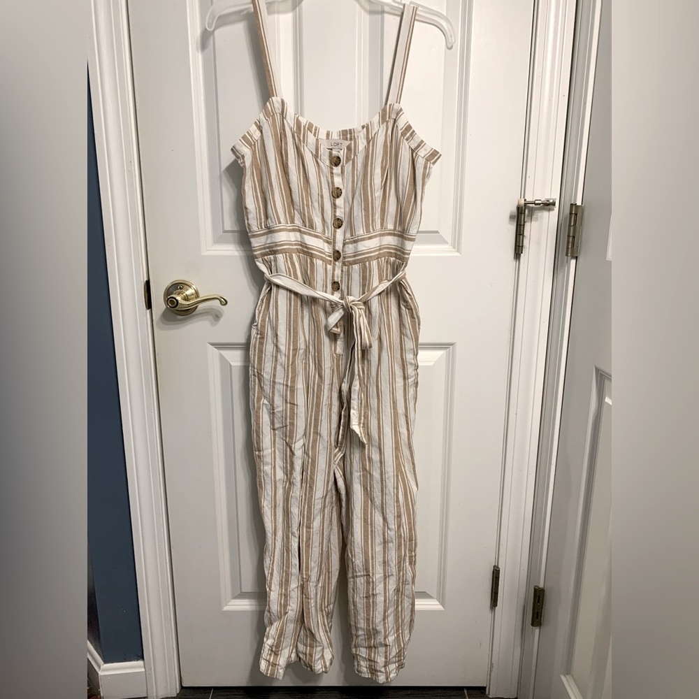 Loft White And Tan Striped Linen Jumpsuit Size 10